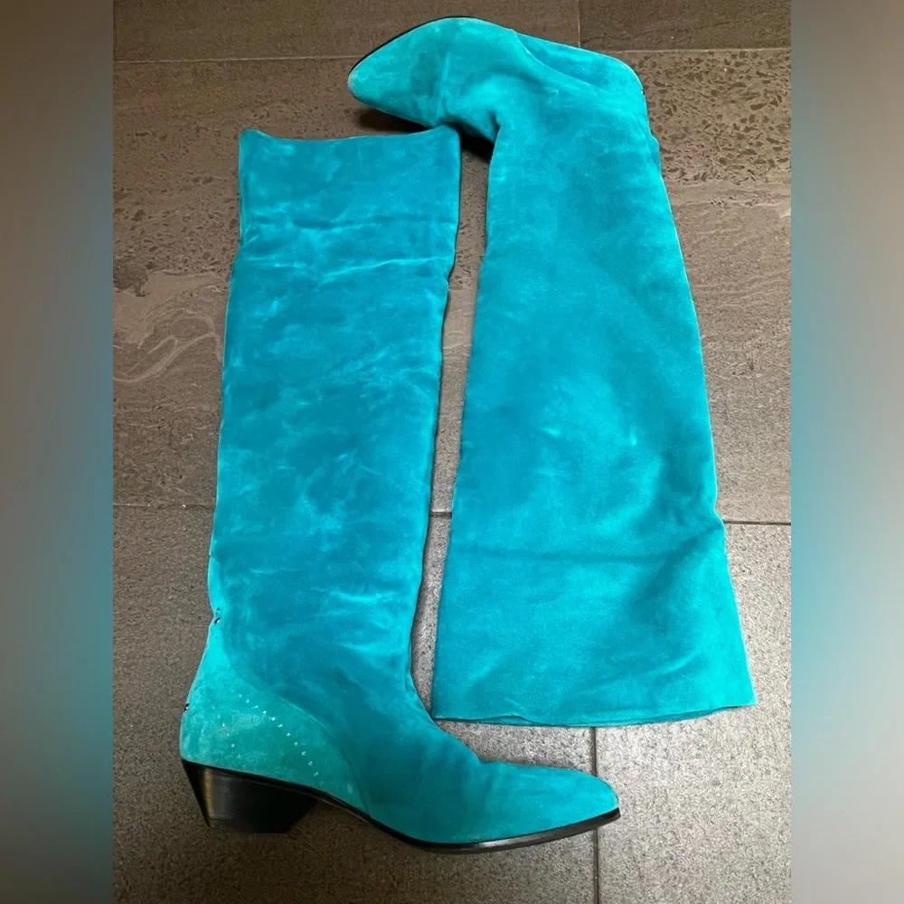 Vintage Neiman Marcus Teal Suede Knee Length Boots Size 37.5